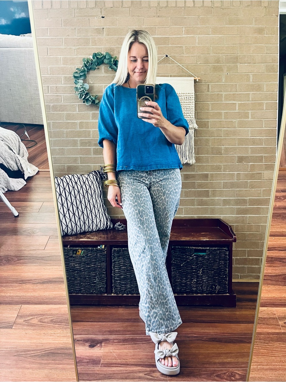Leopard Print Straight-Leg Jeans in Gray - Unbranded